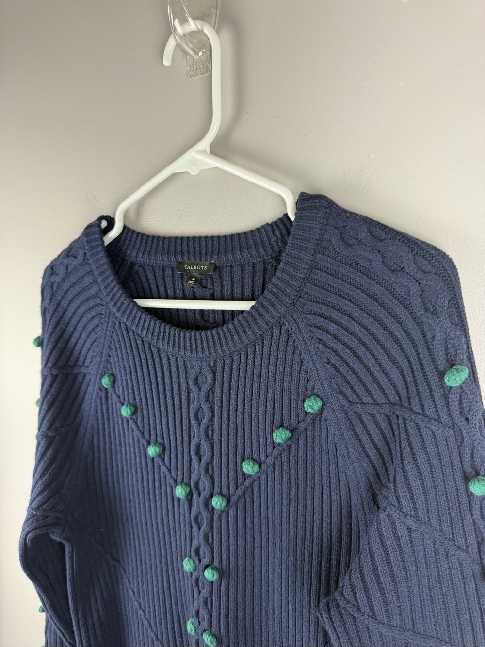 Talbots Womens Navy Knit Long Sleeve Pullover Sweater SZ M Cotton Blend Pom Pom